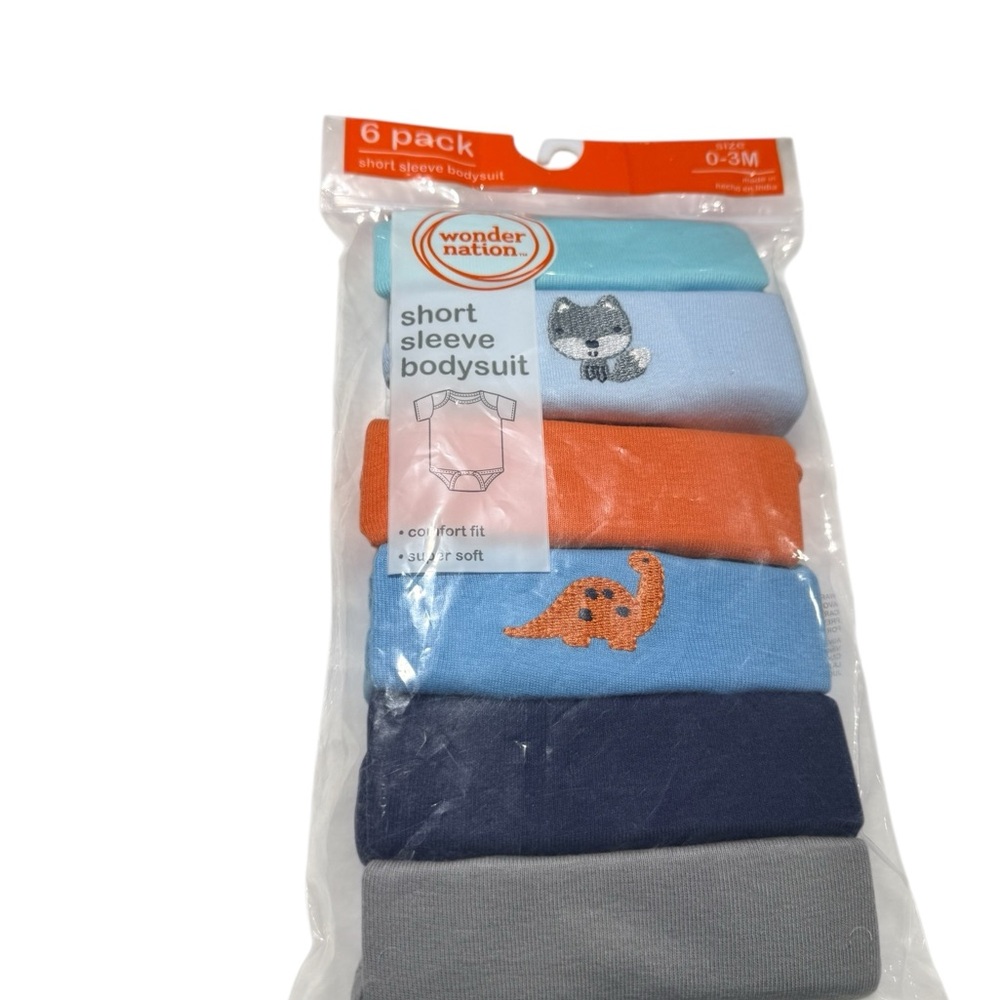 Wonder Nation Baby Bodysuit Set - 6 Pack 0-3 months. Fox and Dino 🦖